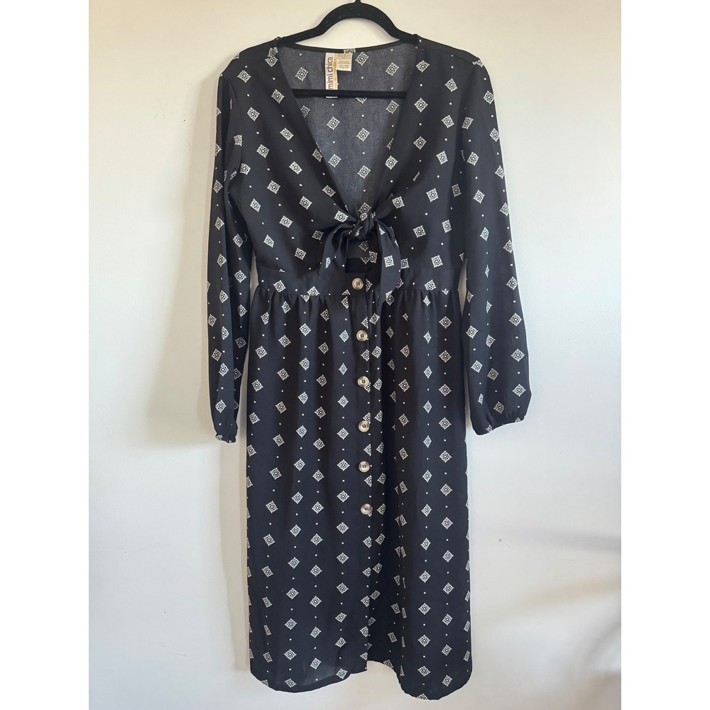 Mimi Chica Black Geometric Diamond Print Tie Front Midi Dress Long Sleeve Medium